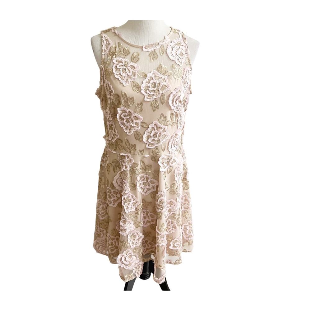 Taylor Mini Dress Womens 16 Champagne 3D Pink & Gold Floral Embroidered Applique